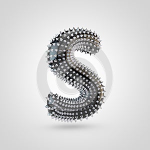 BDSM black latex letter S uppercase with chrome spikes isolated on white background