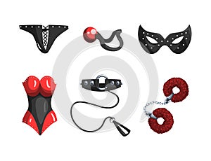 BDSM Erotic Toys with Leather Collar, Mask, Corset and Bracelet Vector Set