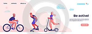 Be active and physical activity. Sports and recreation concept with cartoon character. Flat vector landing page