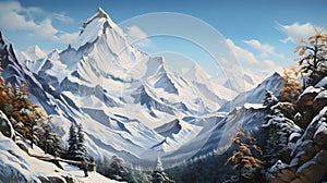 Be captivated by the grandeur of winter with this stunning banner, featuring snow-capped mountain peaks