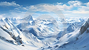 Be captivated by the grandeur of winter with this stunning banner, featuring snow-capped mountain peaks