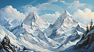 Be captivated by the grandeur of winter with this stunning banner, featuring snow-capped mountain peaks