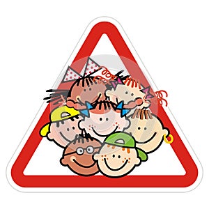 School trip, vector sign, red circle frame, group of kids