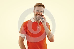 Be communicative. Happy guy talk on mobile phone. Mobile communication. Cellular communication. Telephone communication