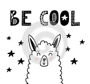 Be cool scandinavian poster with llama. Vector nursery room decor.