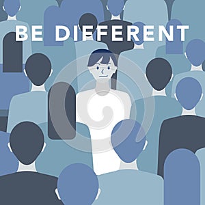 `Be different` illustration woman standing in crowd