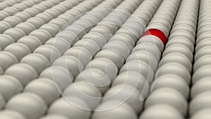 Be different, standing out of the crowd, red ball surrounded by white balls, concept, 3D render