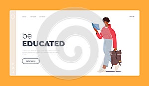 Be Educated Landing Page Template. Young Man Student Character with Bag Reading Book. College or University Education
