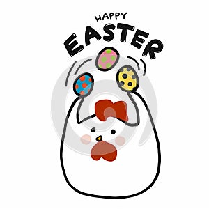 Happy Easter chicken play with colorful Easter eggs cartoon illustration