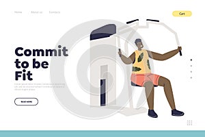 Be fit concept of landing page with man exercising on gym sport machine and training arm muscles