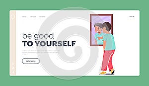 Be Good to Yourself Landing Page Template. Youngster Looking Into a Mirror Reflective Surface, Observing his Appearance