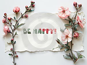 Be Happy Floral Greeting Card Design with Pink Blossoms and Greenery