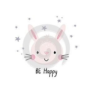 Be happy lettering. Cute little buny - vector illustration. Fun print for baby with character Bunny. photo