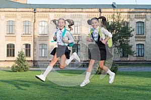 Be happy for this moment. Happy kids in midair outdoors. School break. Summer holidays. Happy vacation. Happy childhood