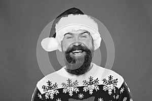 Be happy. portrait of santa man with beard. new year party. christmas time. happy bearded man santa hat. brutal hipster