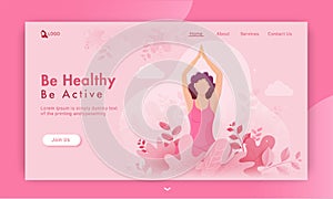 Be Healthy Be Active concept based landing page design with faceless woman practice yoga sukhasana pose.