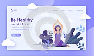 Be Healthy Be Active concept based landing page design with faceless woman practice yoga sukhasana pose on purple nature view