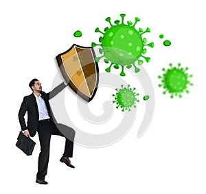 Be healthy - boost your immunity. Man blocking viruses with shield, illustration