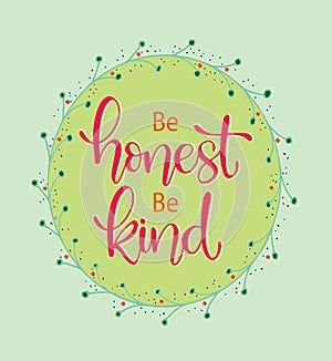 Be honest be kind, hand lettering, Inspirational Quote