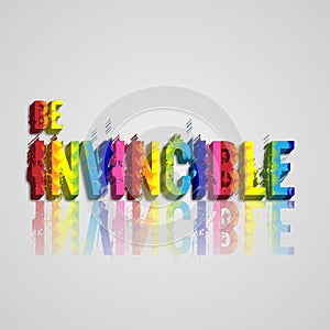Be invincible postcard template design with grungy rainbow color texture on a text on gradient white background.