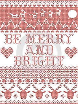 Be Merry and Bright Carol lyrics Christmas pattern with Scandinavian Nordic festive winter pattern in cross stitch with heart