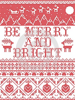 Be Merry and Bright Carol lyrics Christmas pattern with Scandinavian Nordic festive winter pattern in cross stitch with hearts
