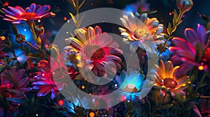 Be mesmerized by the stunning visual of bright multicolored flowers bursting open against the dark night sky
