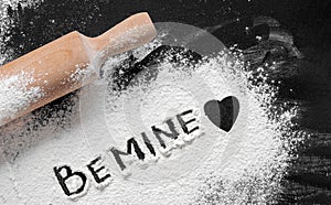 Be Mine made wit flour. Valentines day concept