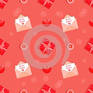 Be Mine Valentine Seamless Pattern In Red Colours. Vector Cartoon Illustration In Flat Style. Composition With Love