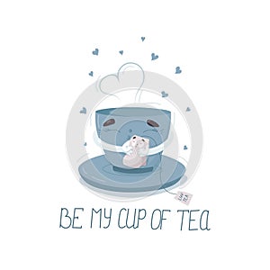 Be my cup of tea postcard. A mug hugs a tea bag, and hearts fly around.