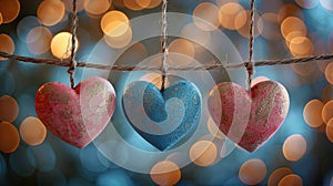 Be My Valentine: Blue and Pink Hearts on String with Gold Defused Bokeh Lights as Greeting Card and Celebration Concept