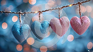 Be My Valentine: Blue and Pink Hearts on String with Gold Defused Bokeh Lights as Greeting Card and Celebration Concept