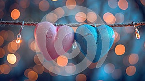 Be My Valentine: Blue and Pink Hearts on String with Gold Defused Bokeh Lights as Greeting Card and Celebration Concept