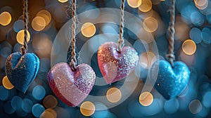 Be My Valentine: Blue and Pink Hearts on String with Gold Defused Bokeh Lights as Greeting Card and Celebration Concept