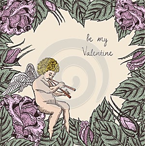 Be my Valentine card with cupid and roses