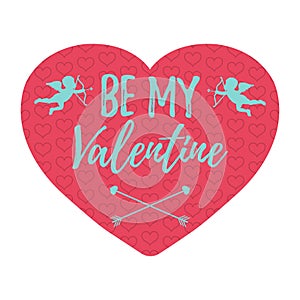 Be My Valentine Card with hearts, angel and arrow. Isolated vector illustration. photo