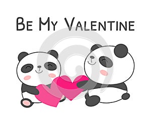 Be my valentine greeting card with baby pandas vector illustration