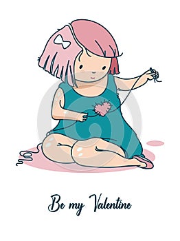 Be my Valentine. Greeting card to Valentines Day with cute little girl with heart
