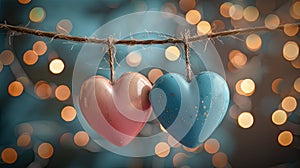 Be My Valentine - Heart-Shaped Background in Blue and Pink with Gold Bokeh Lights and String of Hearts