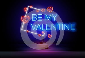Be My Valentine letter neon glow in the dark. Heart and arrow shape. Vector Illustration of Love Promotion. Valentines