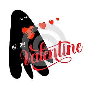 Be my Valentine lettering, black funny ghost and red hearts on white background.