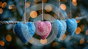 Be My Valentine: Romantic Heart-Shaped Background in Blue and Pink with Gold Bokeh Lights and Hearts on String for Greeting