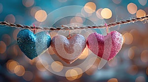 Be My Valentine: Romantic Heart-Shaped Background in Blue and Pink with Gold Bokeh Lights and Hearts on String for Greeting