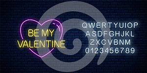 Be my Valentine text in heart shape with alphabet in neon style. Happy Valentines Day neon glowing festive sign