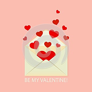 Be my Valentine vector greeting card. Love letter with flying hearts on pink background.