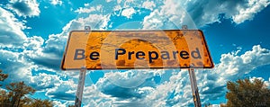 Be Prepared sign in bold lettering on a cautionary yellow traffic sign against a backdrop of blue sky with fluffy white