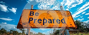 Be Prepared sign in bold lettering on a cautionary yellow traffic sign against a backdrop of blue sky with fluffy white