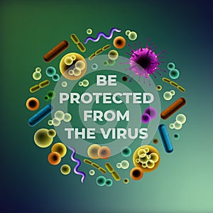 Be protected from the virus vector illustration with various bacteria round set