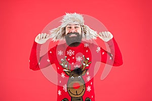 Be quick to get final best bits. Happy new year. Join party. Winter outfit. Christmas sweater. Hipster bearded man wear