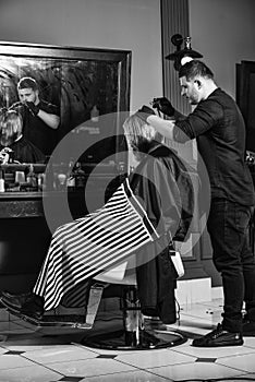 Be in style. sitting in chair at hairdresser. mature man at hairdresser. Hair care and male grooming concept. get